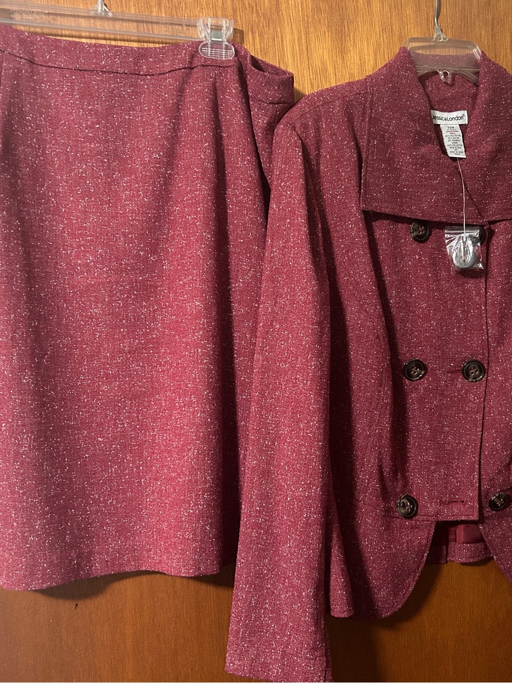 Jessica London Wine Tweed Double-Breasted Blazer and Skirt Set